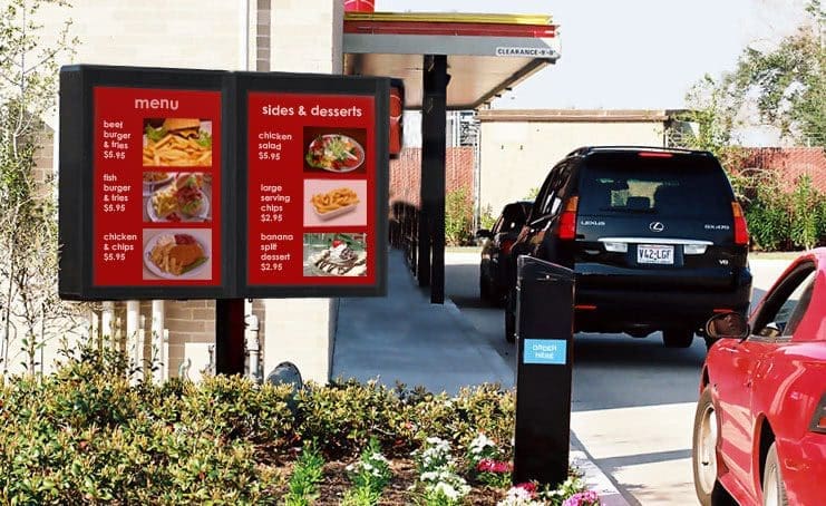 Metrospec Hospitality Digital Display Being Used in Drive Through of Restaurant. A Digital Menu Board is shown in this image